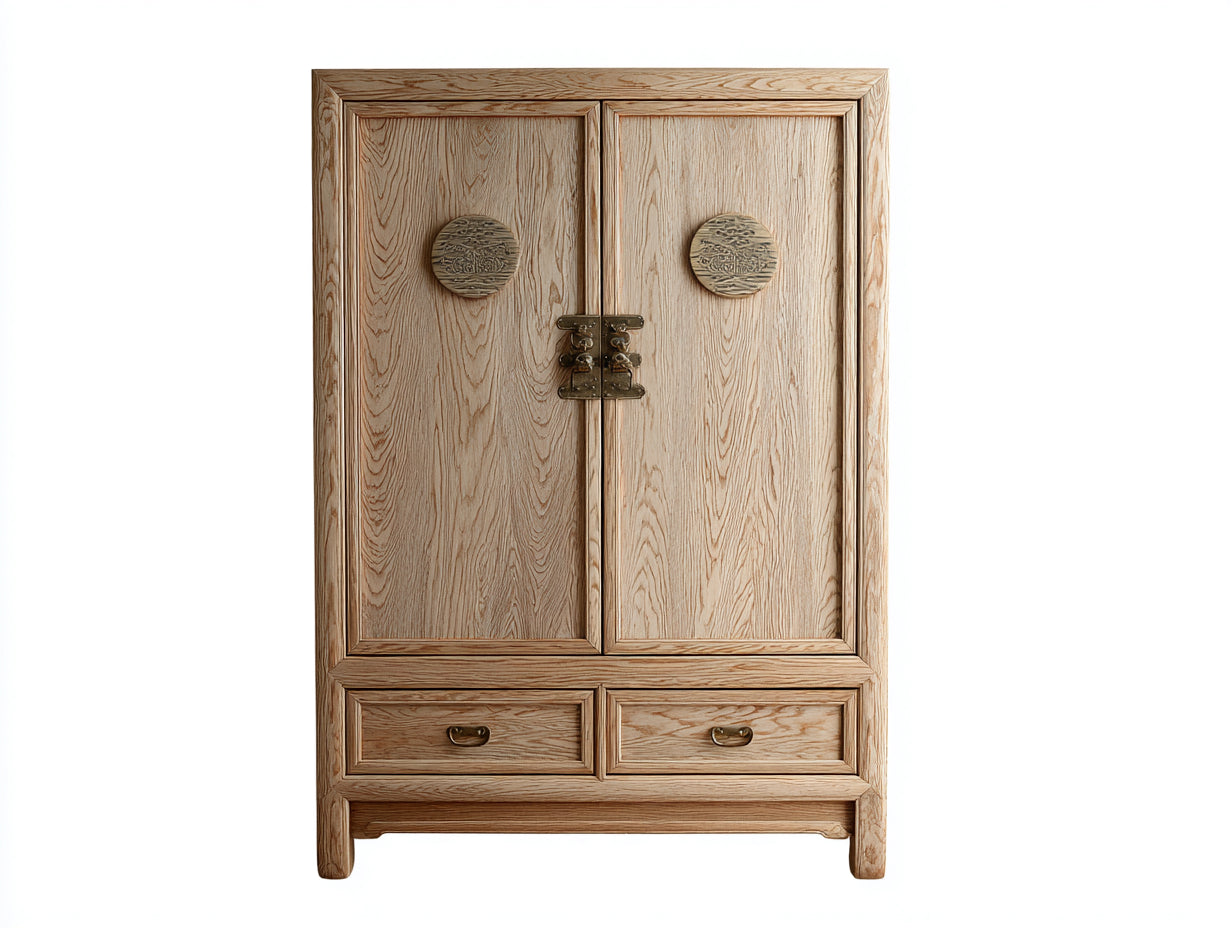 Armario ropero de madera natural 2 puertas 2 cajones 100x180x45 cm - estilo clásico oriental dormitorio
