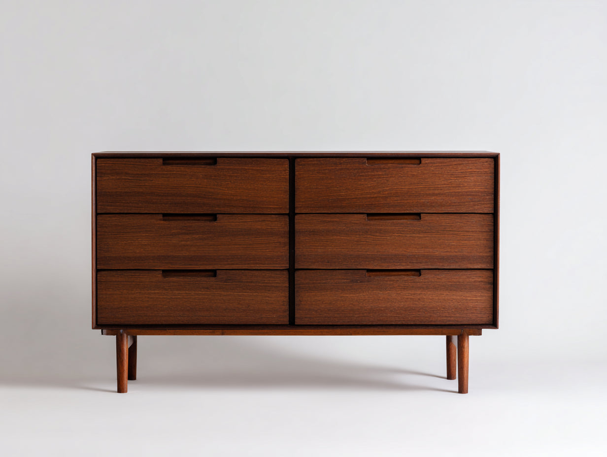 Cómoda de madera nogal oscuro 6 cajones diseño moderno estilo minimalista 150x45x80 cm - almacenamiento funcional para dormitorio