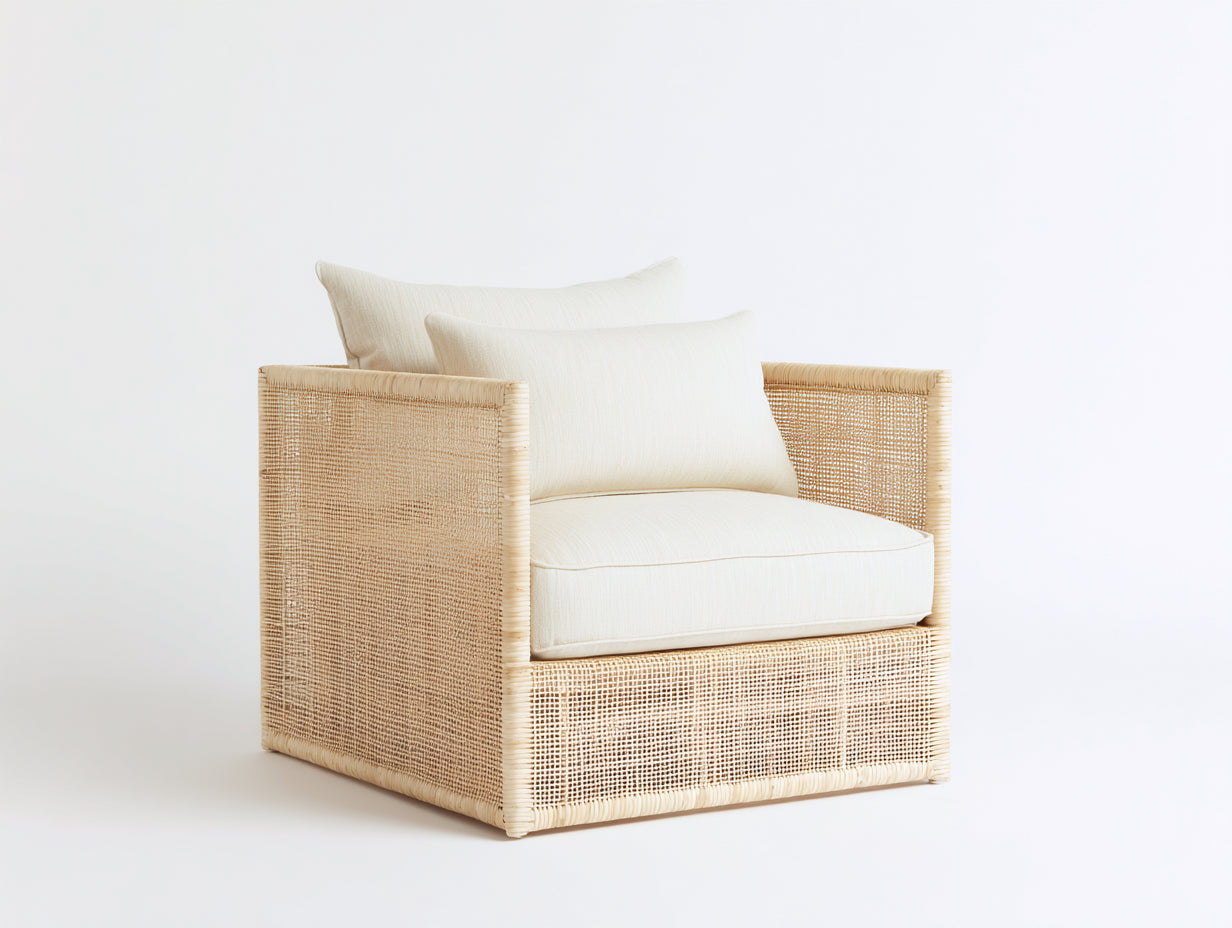 Sillones de ratán sillón de ratán con estructura modular y cojines blancos 85x85x78 cm - Natural-Blanco - Estilo moderno exterior