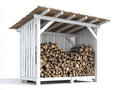 Leñero de exterior de madera blanca techo inclinado estilo rústico abierto 240x90x190 cm almacenamiento de leña jardín exterior