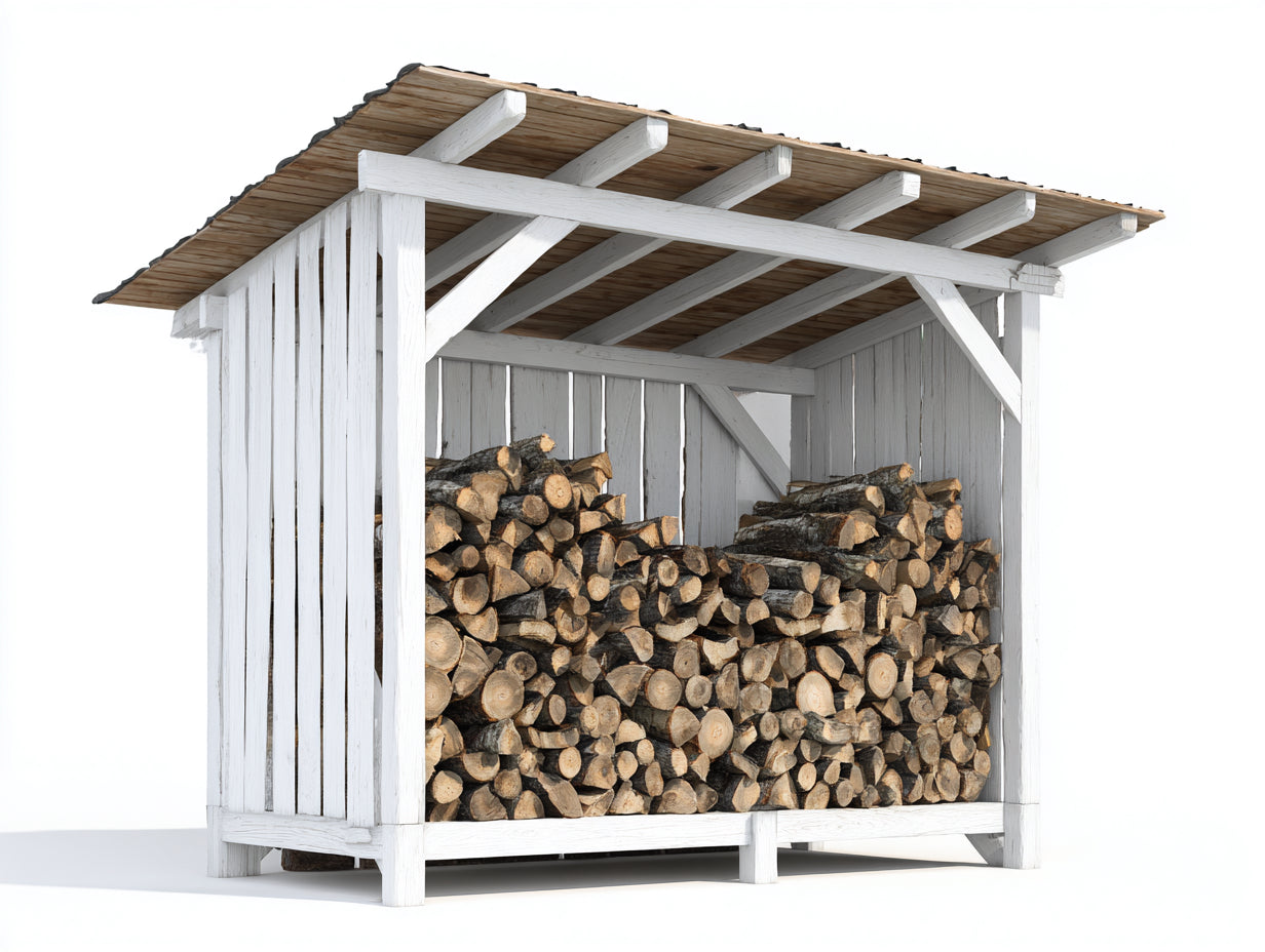 Leñero de exterior de madera blanca techo inclinado estilo rústico abierto 240x90x190 cm almacenamiento de leña jardín exterior