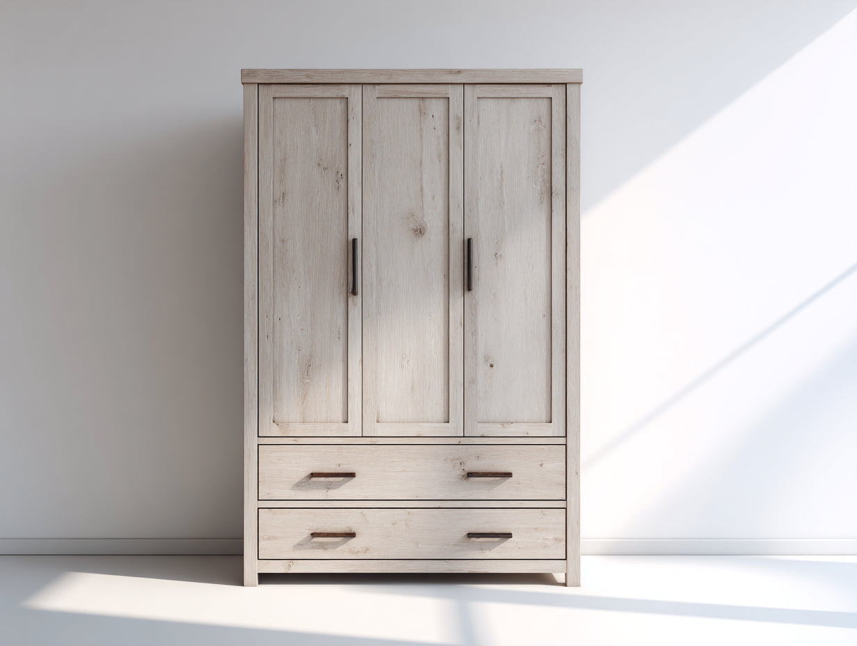 Armario ropero de madera clara 3 puertas 2 cajones 120x200x50 cm - estilo moderno dormitorio