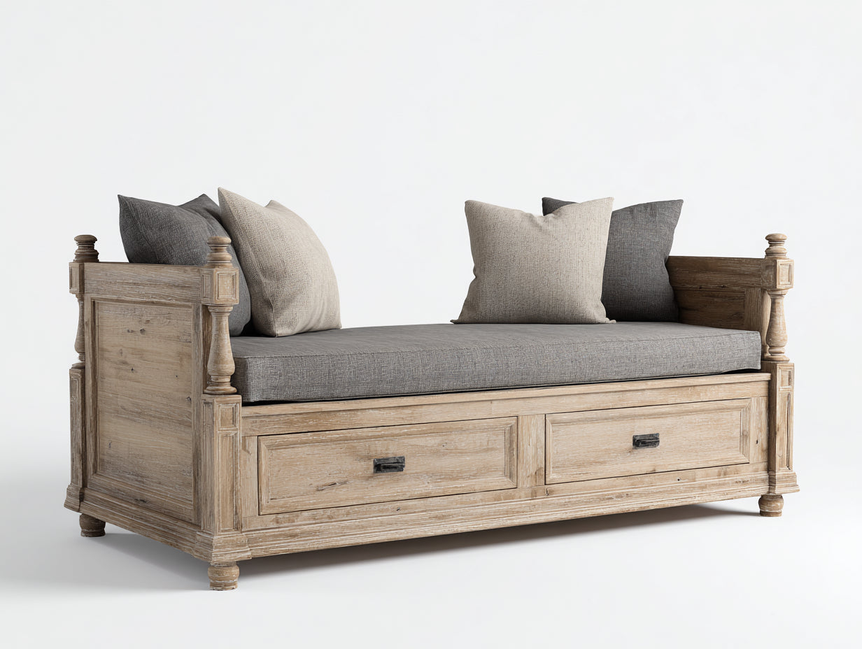 Sofás cama madera natural con almacenamiento 2 cajones estilo rústico moderno 200x80x75 cm