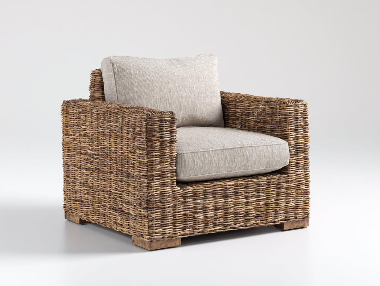 Sillones de ratán de ratán natural con cojines acolchados 92 x 88 x 78 cm - Marrón natural-Beige - Diseño moderno para salón y terraza