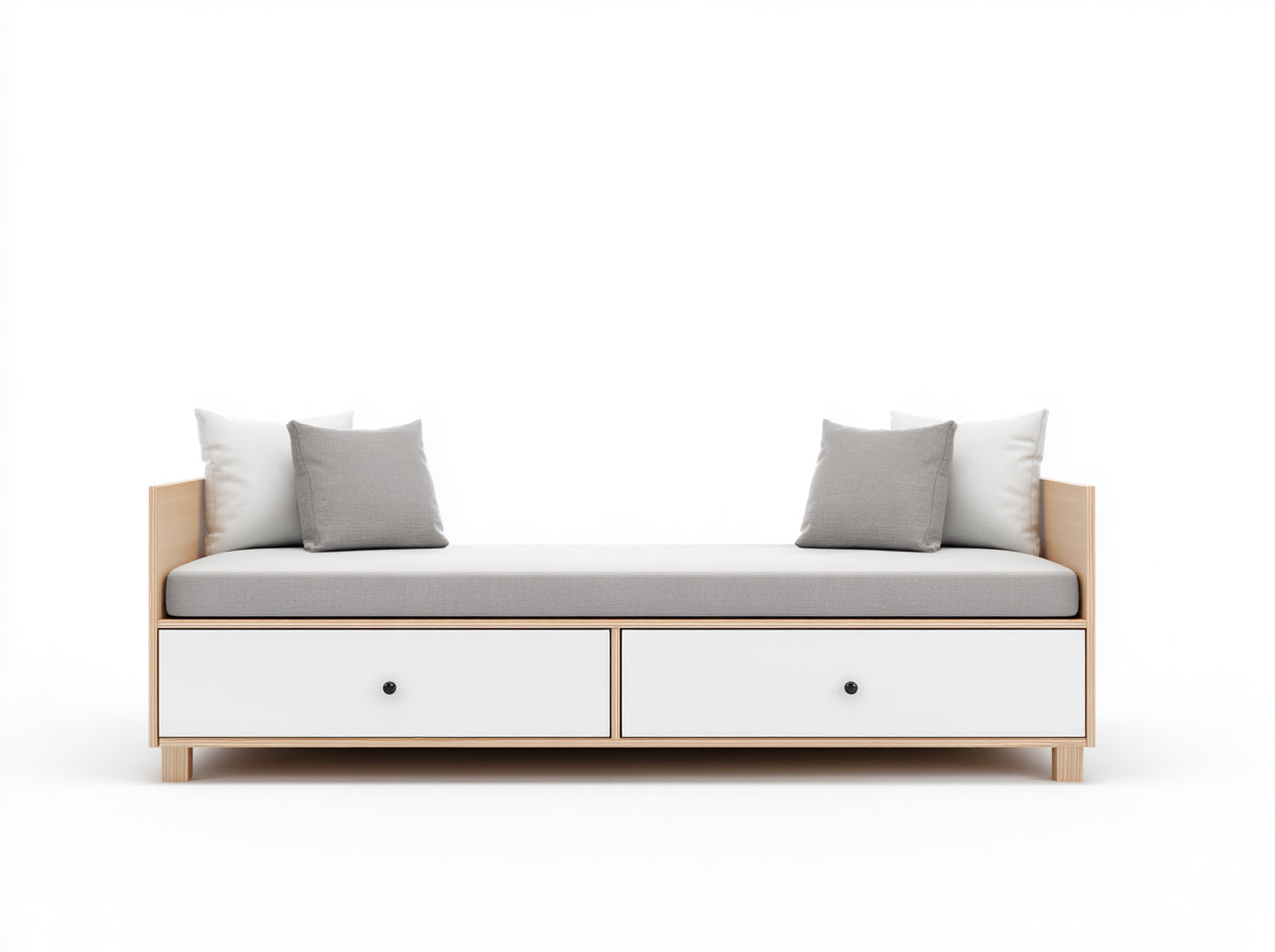 Sofás cama sofá cama de madera con almacenamiento 200x90x85 cm - Blanco-Roble claro-Gris - Estilo escandinavo funcional
