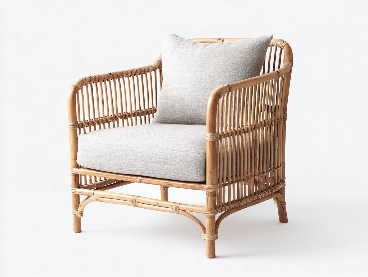 Sillones de ratán de ratán natural con cojín acolchado 78 x 82 x 80 cm - Madera natural-Beige - Estilo moderno para salón y terraza
