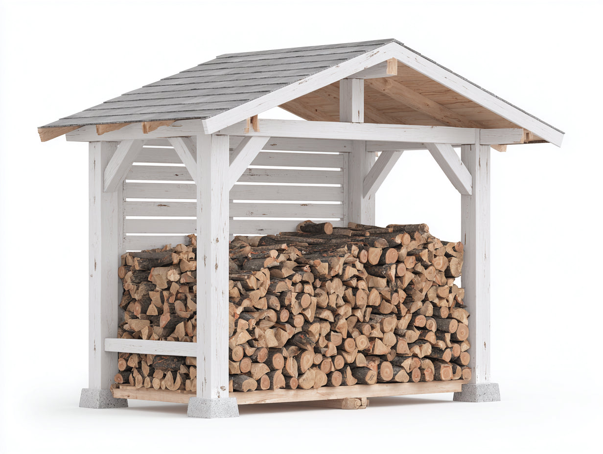Leñero de exterior de madera blanco rústico con techo a dos aguas gran capacidad almacenamiento de leña 180x90x180 cm