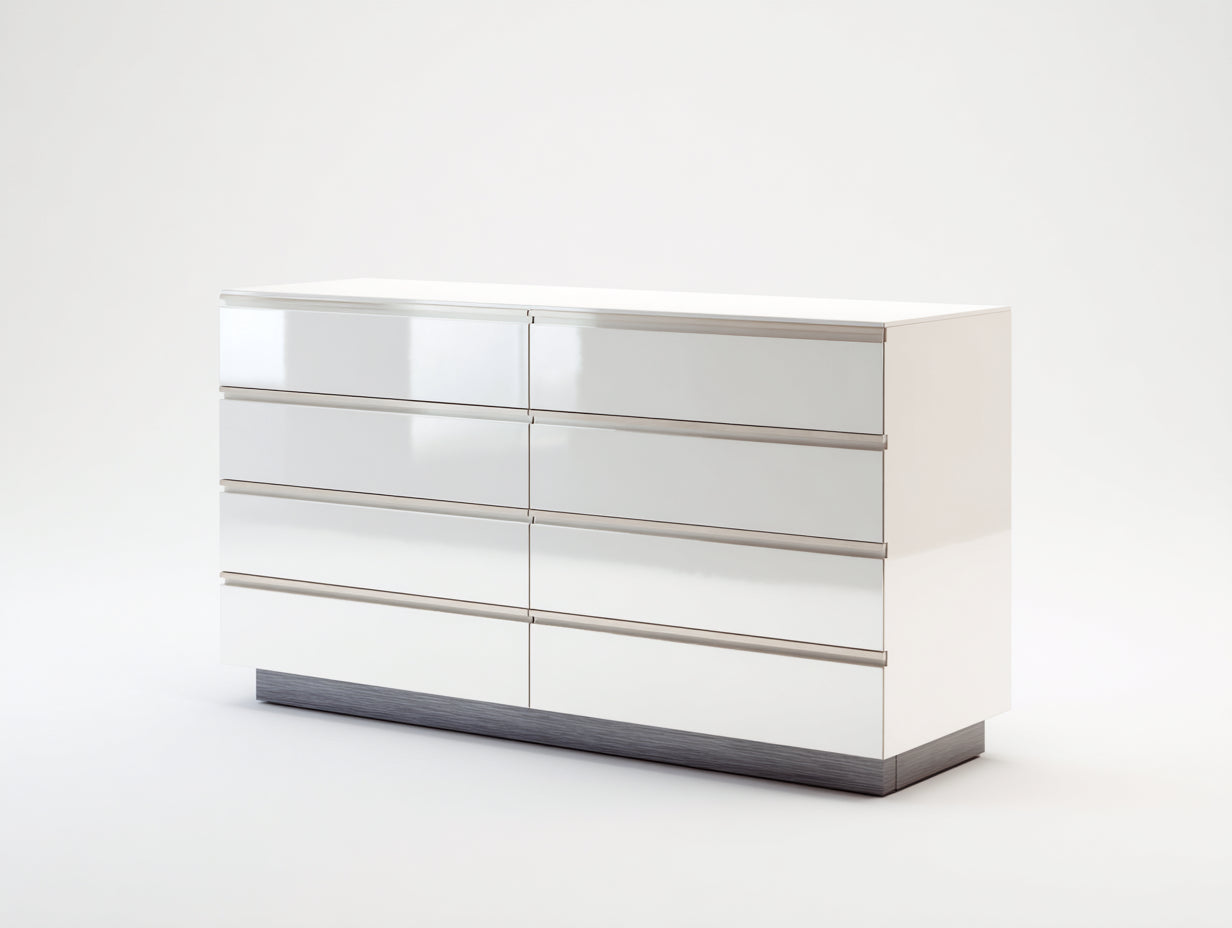 Cómodas lacadas en blanco brillo con 6 cajones 140x40x80 cm estilo moderno minimalista para dormitorio