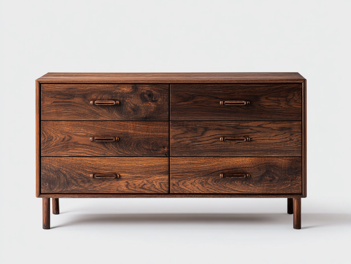 Cómodas de madera marrón oscuro con 6 cajones 140x45x85 cm estilo moderno retro para dormitorio
