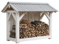 Leñero de exterior de madera maciza 220x85x170 cm blanco gris techo metálico estilo rústico para jardín almacenamiento de leña