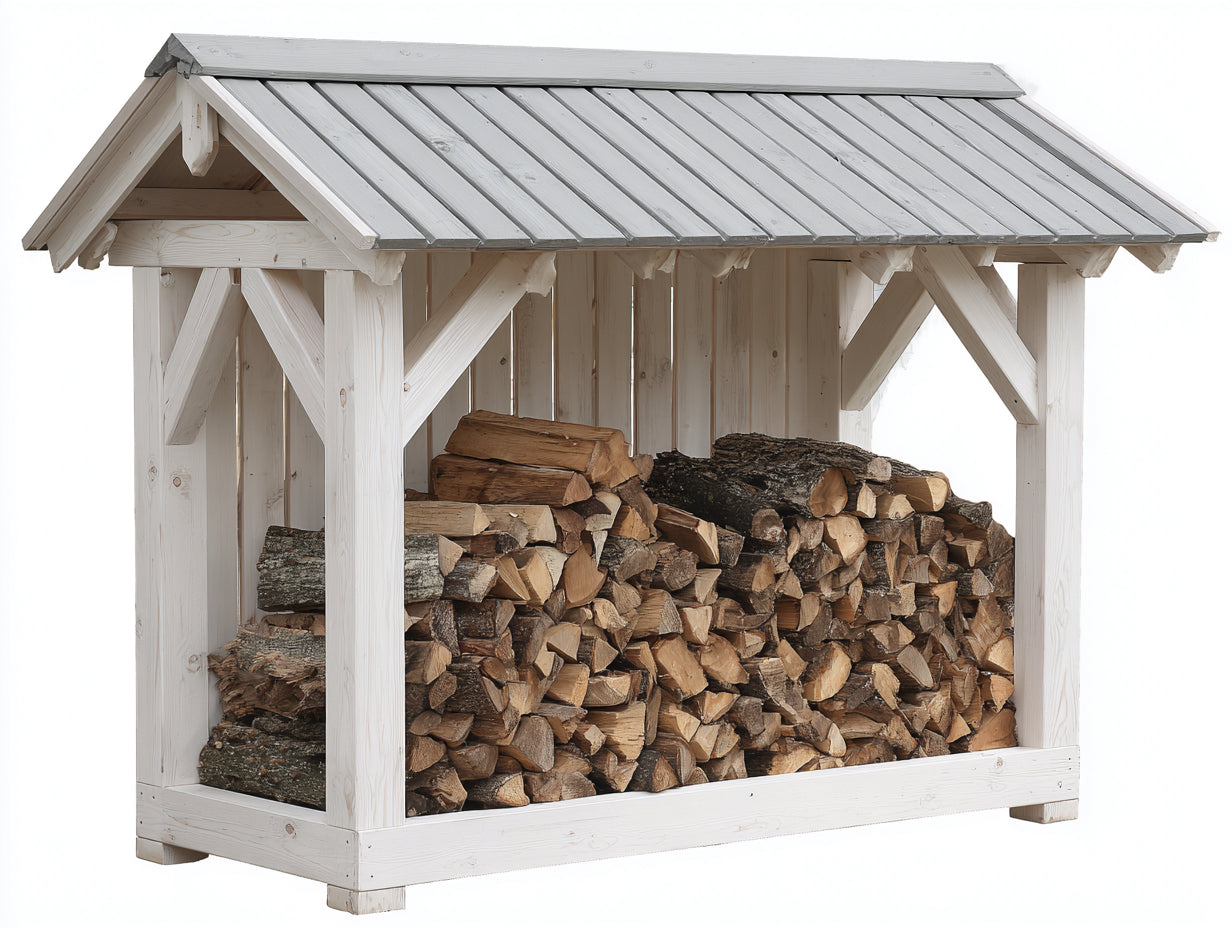 Leñero de exterior de madera maciza 220x85x170 cm blanco gris techo metálico estilo rústico para jardín almacenamiento de leña