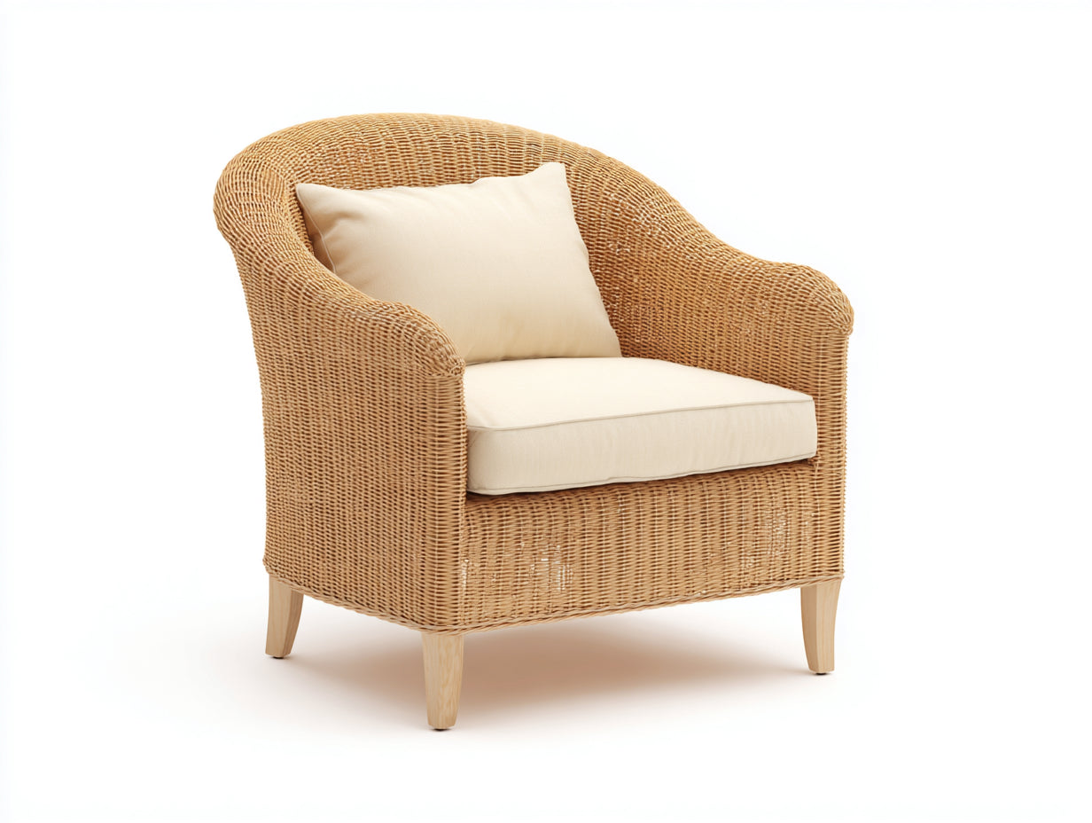 Sillones de ratán sillón de ratán tejido natural con cojín beige 75x80x85 cm - Natural-Beige - Estilo bohemio exterior