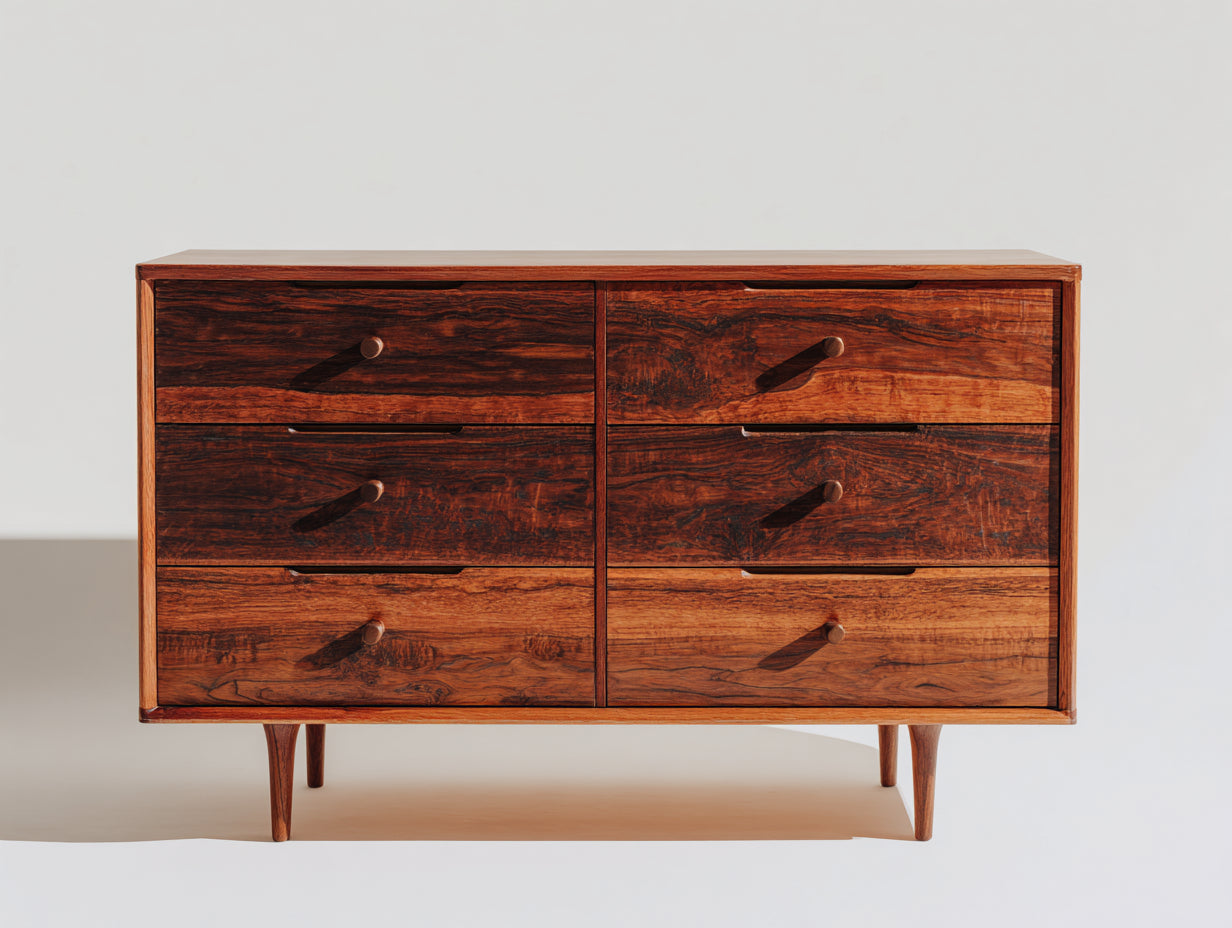 Cómodas de madera maciza color nogal con 6 cajones 140x45x85 cm estilo moderno retro para dormitorio