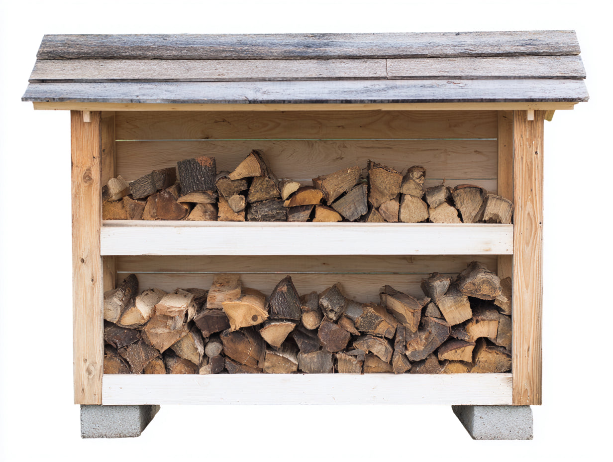 Leñero de exterior de madera maciza con doble estante 140 x 60 x 135 cm - Blanco-Madera natural - Organizador para almacenamiento de leña de jardín