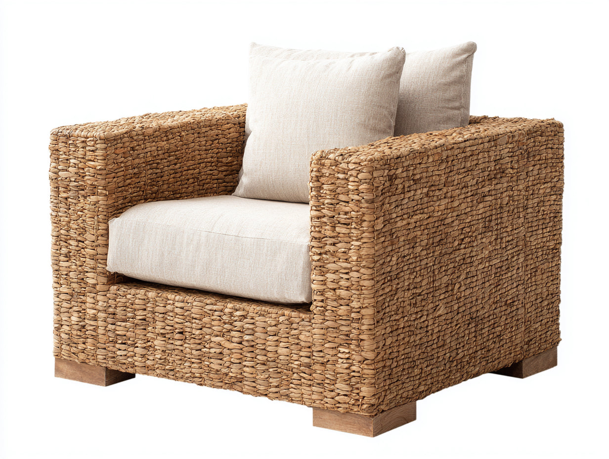 Sillones de ratán de fibras naturales con cojines acolchados 94 x 90 x 82 cm - Madera natural-Beige - Diseño moderno para salón y terraza